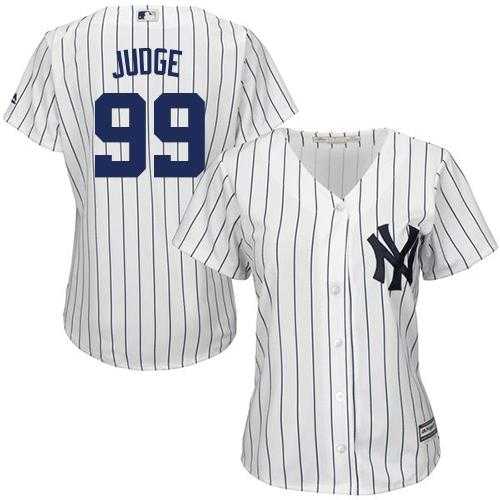 Women's New York Yankees #99 Aaron Judge White Strip Home Stitched MLB Jersey