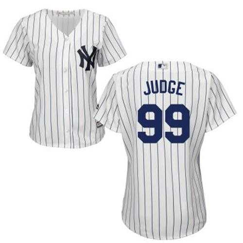 Women's New York Yankees #99 Aaron Judge White Strip Home Stitched MLB Jersey