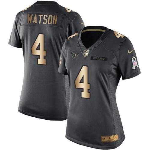 Women's Nike Houston Texans #4 Deshaun Watson Black Stitched NFL Limited Gold Salute to Service Jersey