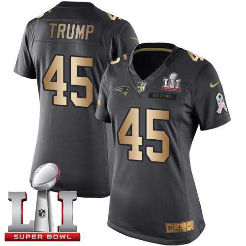 Women's Nike New England Patriots #45 Donald Trump Black Super Bowl LI 51 Stitched NFL Limited Gold Salute to Service Jersey
