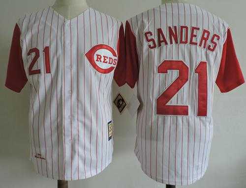 Mitchell And Ness 1997 Cincinnati Reds #21 Reggie Sanders White Strip Throwback Stitched MLB Jersey