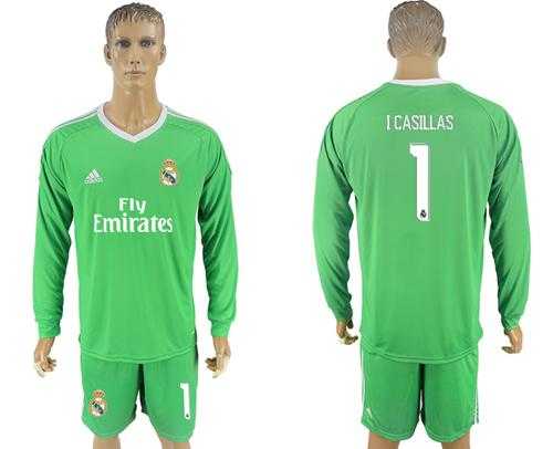 Real Madrid #1 I Casillas Green Goalkeeper Long Sleeves Soccer Club Jersey