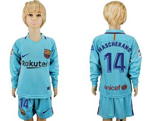 Barcelona #14 Mascherano Away Long Sleeves Kid Soccer Club Jersey