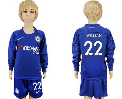 Chelsea #22 Willian Home Long Sleeves Kid Soccer Club Jersey