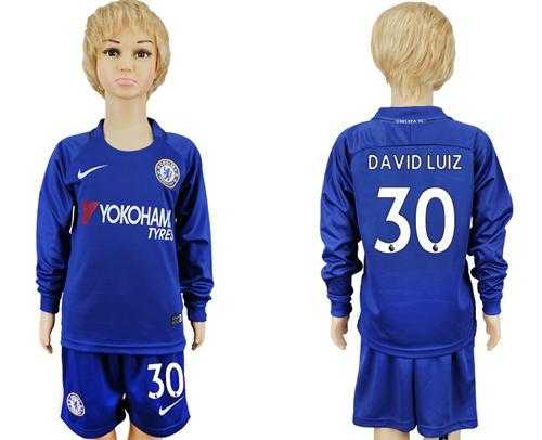 Chelsea #30 David Luiz Home Long Sleeves Kid Soccer Club Jersey
