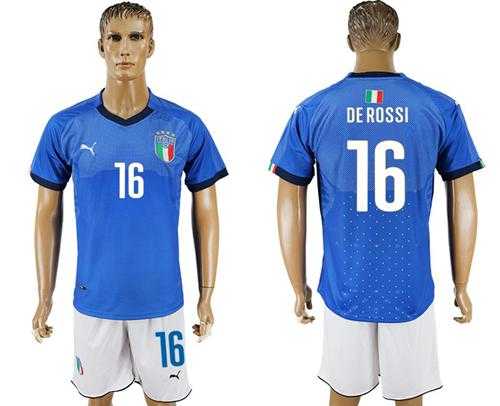 Italy #16 De Rossi Blue Home Soccer Country Jersey