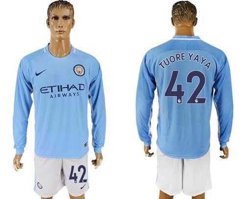 Manchester City #42 Toure Yaya Home Long Sleeves Soccer Club Jersey