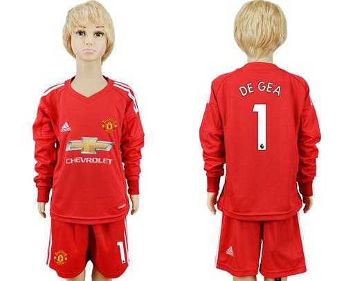 Manchester United #1 De Gea Red Goalkeeper Long Sleeves Kid Soccer Club Jersey