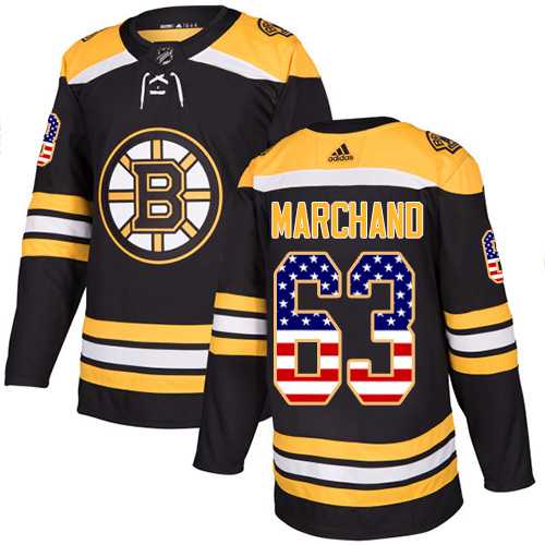 Men's Adidas Boston Bruins #63 Brad Marchand Black Home Authentic USA Flag Stitched NHL Jersey