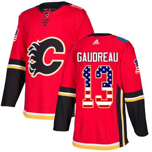 Men's Adidas Calgary Flames #13 Johnny Gaudreau Red Home Authentic USA Flag Stitched NHL Jersey