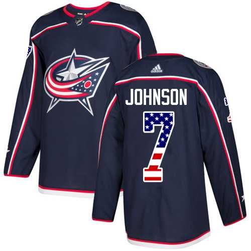 Men's Adidas Columbus Blue Jackets #7 Jack Johnson Navy Blue Home Authentic USA Flag Stitched NHL Jersey