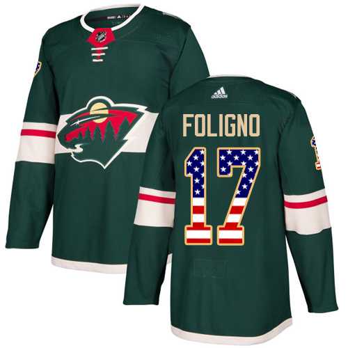 Men's Adidas Minnesota Wild #17 Marcus Foligno Green Home Authentic USA Flag Stitched NHL Jersey