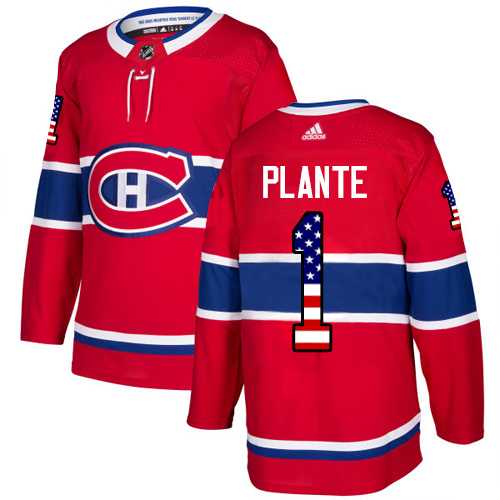 Men's Adidas Montreal Canadiens #1 Jacques Plante Red Home Authentic USA Flag Stitched NHL Jersey