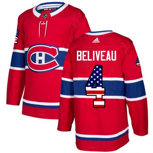 Men's Adidas Montreal Canadiens #4 Jean Beliveau Red Home Authentic USA Flag Stitched NHL Jersey