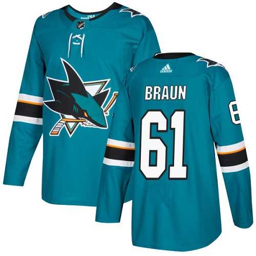 Men's Adidas San Jose Sharks #61 Justin Braun Teal Home Authentic Stitched NHL Jersey