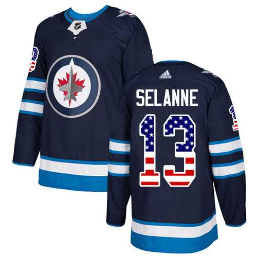 Men's Adidas Winnipeg Jets #13 Teemu Selanne Navy Blue Home Authentic USA Flag Stitched NHL Jersey