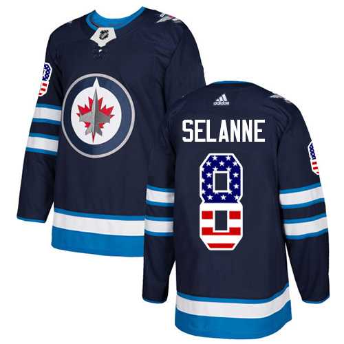 Men's Adidas Winnipeg Jets #8 Teemu Selanne Navy Blue Home Authentic USA Flag Stitched NHL Jersey