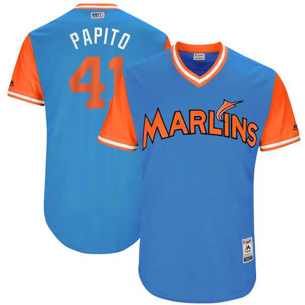 Men's Miami Marlins #41 Justin Bour Papito Majestic Blue 2017 Little League World Series Players Weekend Jersey