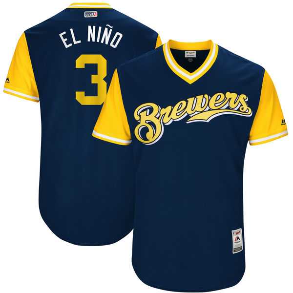 Men's Milwaukee Brewers #3 Orlando Arcia El Ni?o Majestic Navy 2017 Little League World Series Players Weekend Jersey