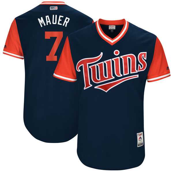Men's Minnesota Twins #7 Joe Mauer Mauer Majestic Navy 2017 Little League World Series Players Weekend Jersey