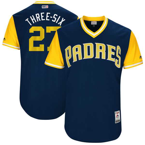Men's San Diego Padres #27 Jered Weaver Three-Six Majestic Navy 2017 Little League World Series Players Weekend Jersey