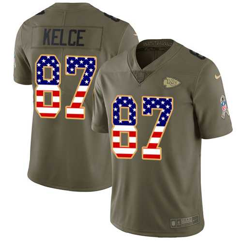 Nike Kansas City Chiefs #87 Travis Kelce Olive USA Flag Men's Stitched NFL Limited 2017 Salute To Service Jersey