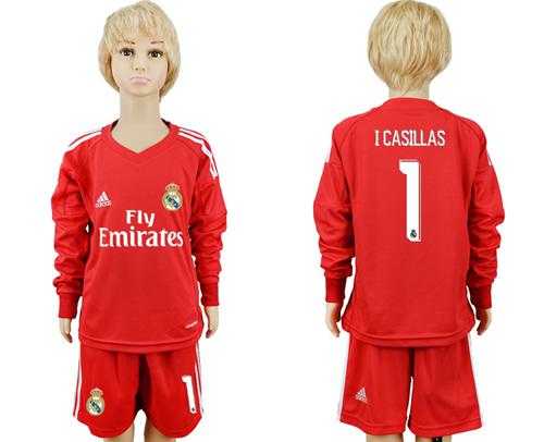 Real Madrid #1 I Casillas Red Goalkeeper Long Sleeves Kid Soccer Club Jersey