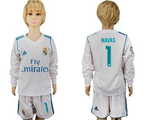 Real Madrid #1 Navas Home Long Sleeves Kid Soccer Club Jersey