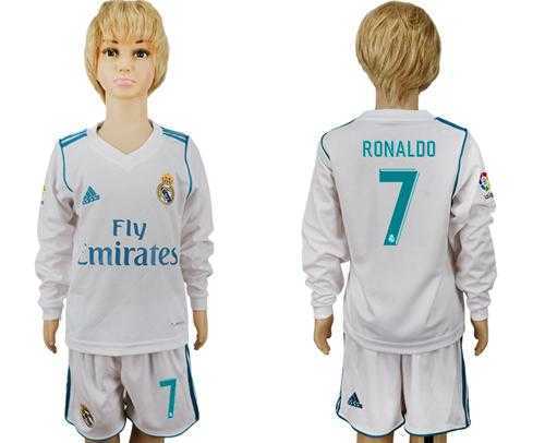 Real Madrid #7 Ronaldo Home Long Sleeves Kid Soccer Club Jersey