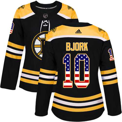 Women's Adidas Boston Bruins #10 Anders Bjork Black Home Authentic USA Flag Stitched NHL Jersey