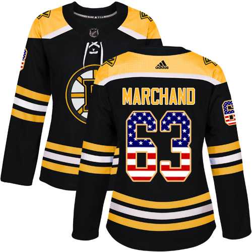 Women's Adidas Boston Bruins #63 Brad Marchand Black Home Authentic USA Flag Stitched NHL Jersey