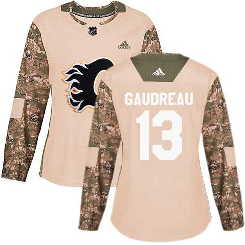 Women's Adidas Calgary Flames #13 Johnny Gaudreau Camo Authentic 2017 Veterans Day Stitched NHL Jersey