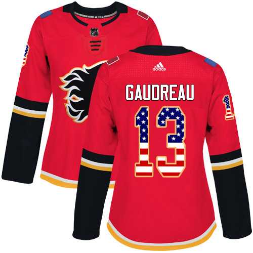 Women's Adidas Calgary Flames #13 Johnny Gaudreau Red Home Authentic USA Flag Stitched NHL Jersey