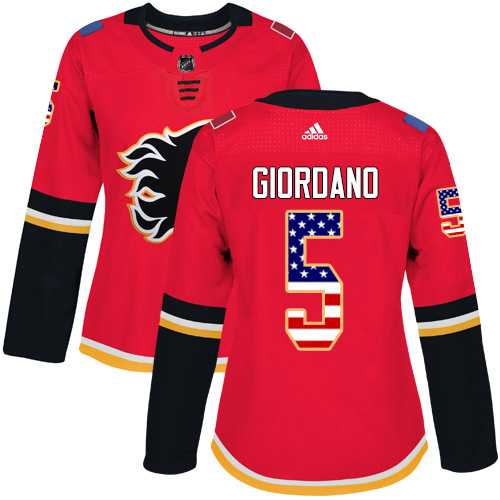 Women's Adidas Calgary Flames #5 Mark Giordano Red Home Authentic USA Flag Stitched NHL Jersey