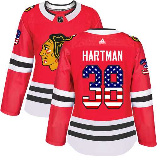 Women's Adidas Chicago Blackhawks #38 Ryan Hartman Red Home Authentic USA Flag Stitched NHL Jersey