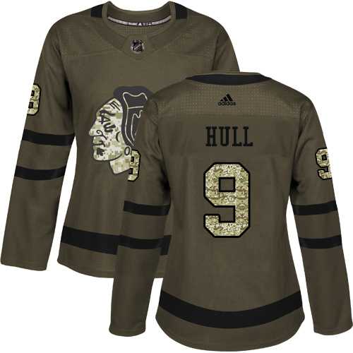 Women's Adidas Chicago Blackhawks #9 Bobby Hull Green Salute to Service Stitched NHL Jersey