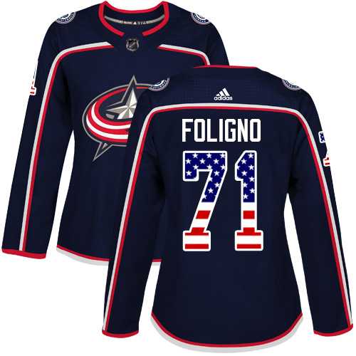 Women's Adidas Columbus Blue Jackets #71 Nick Foligno Navy Blue Home Authentic USA Flag Stitched NHL Jersey