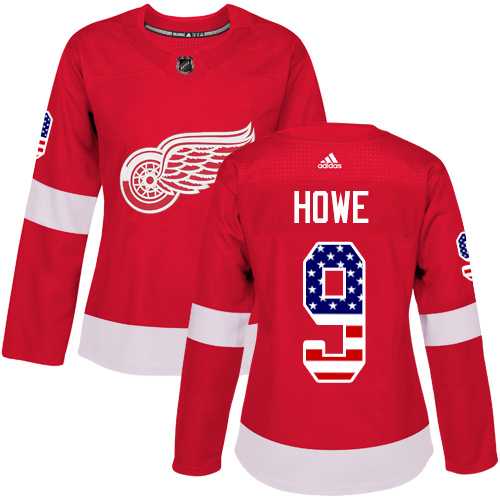Women's Adidas Detroit Red Wings #9 Gordie Howe Red Home Authentic USA Flag Stitched NHL Jersey