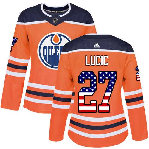 Women's Adidas Edmonton Oilers #27 Milan Lucic Orange Home Authentic USA Flag Stitched NHL Jersey