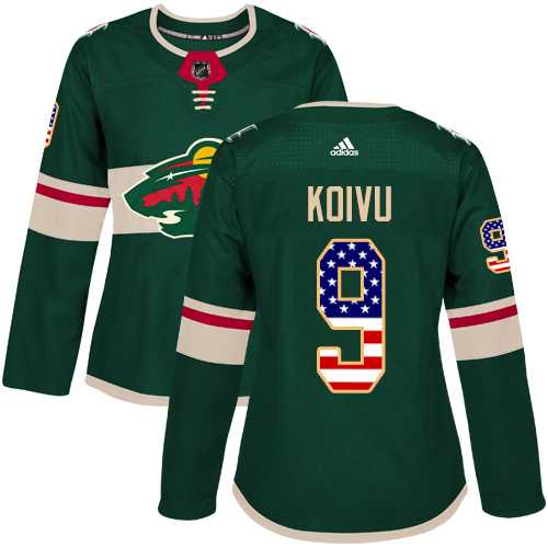 Women's Adidas Minnesota Wild #9 Mikko Koivu Green Home Authentic USA Flag Stitched NHL Jersey