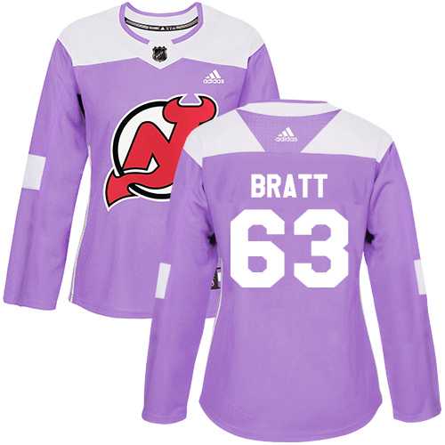 Women's Adidas New Jersey Devils #63 Jesper Bratt Purple Authentic Fights Cancer Stitched NHL Jersey