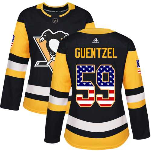 Women's Adidas Pittsburgh Penguins #59 Jake Guentzel Black Home Authentic USA Flag Stitched NHL Jersey