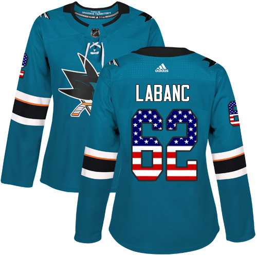 Women's Adidas San Jose Sharks #62 Kevin Labanc Teal Home Authentic USA Flag Stitched NHL Jersey