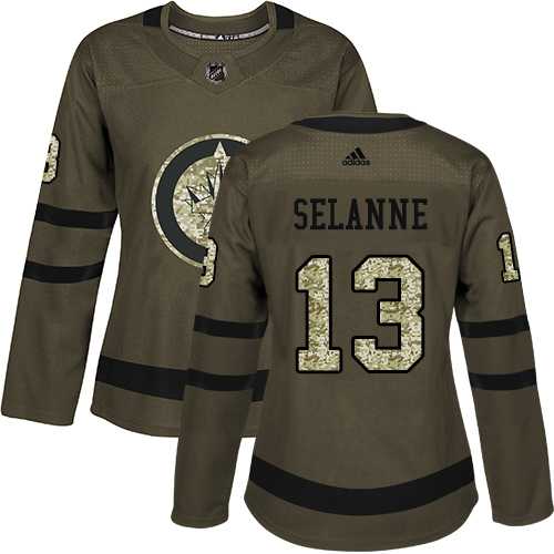 Women's Adidas Winnipeg Jets #13 Teemu Selanne Green Salute to Service Stitched NHL Jersey