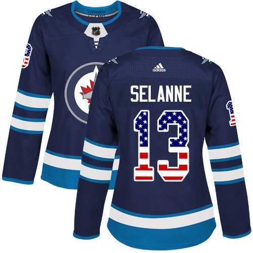 Women's Adidas Winnipeg Jets #13 Teemu Selanne Navy Blue Home Authentic USA Flag Stitched NHL Jersey