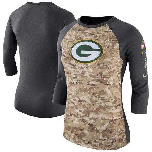 Women's Green Bay Packers Nike Camo Charcoal Salute to Service Legend Three-Quarter Raglan Sleeve T-Shirt