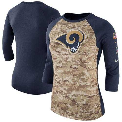 Women's Los Angeles Rams Nike Camo Navy Salute to Service Legend Three-Quarter Raglan Sleeve T-Shirt