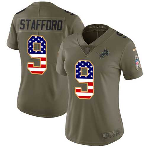 Women's Nike Detroit Lions #9 Matthew Stafford Olive USA Flag Stitched NFL Limited 2017 Salute to Service Jersey