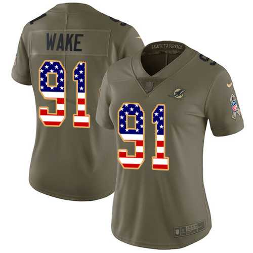 Women's Nike Miami Dolphins #91 Cameron Wake Olive USA Flag Stitched NFL Limited 2017 Salute to Service Jersey