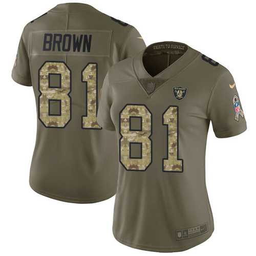 Women's Nike Oakland Raiders #81 Tim Brown Olive Camo Stitched NFL Limited 2017 Salute to Service Jersey